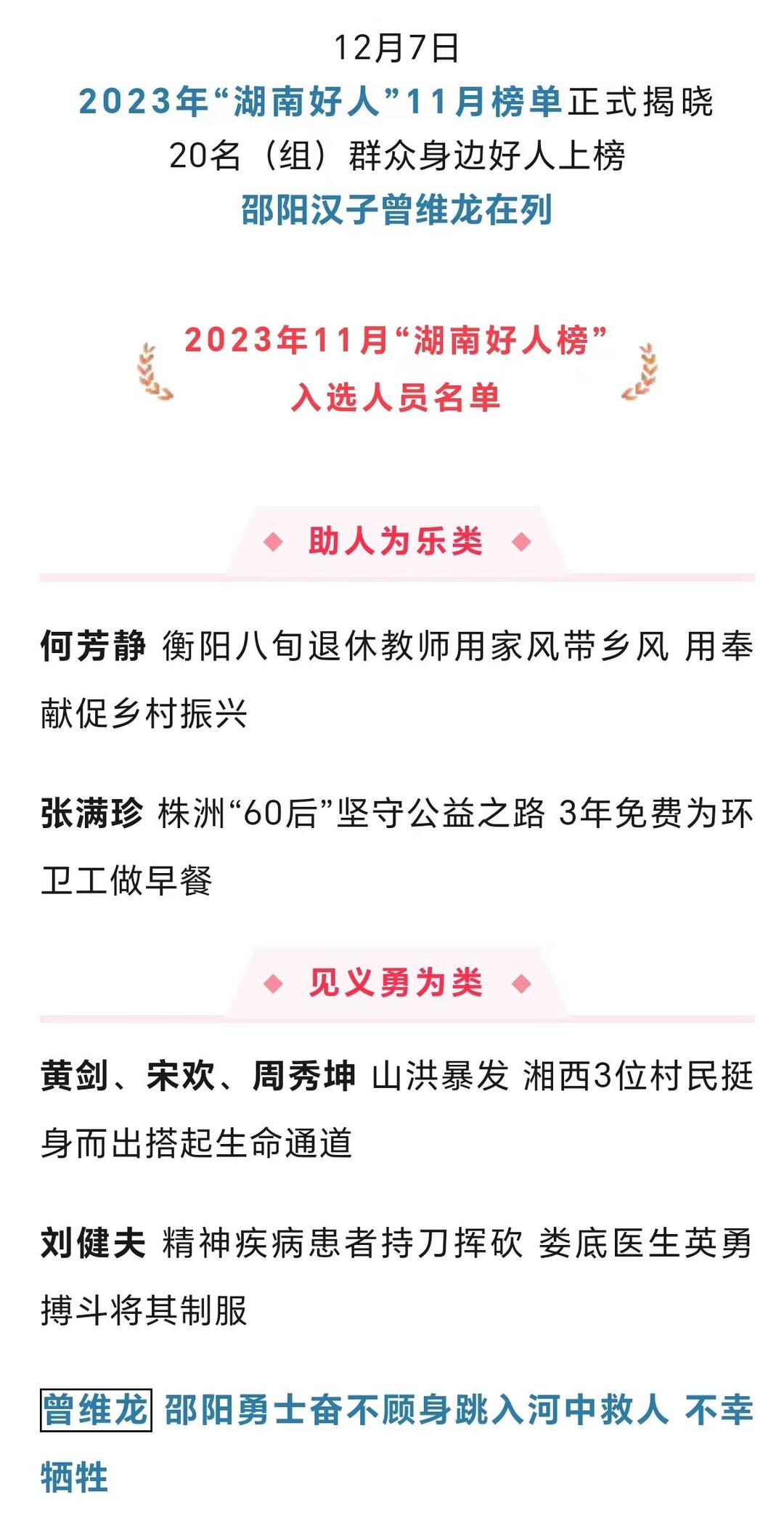 湖南好人曾维龙：见义勇为奋救落水者