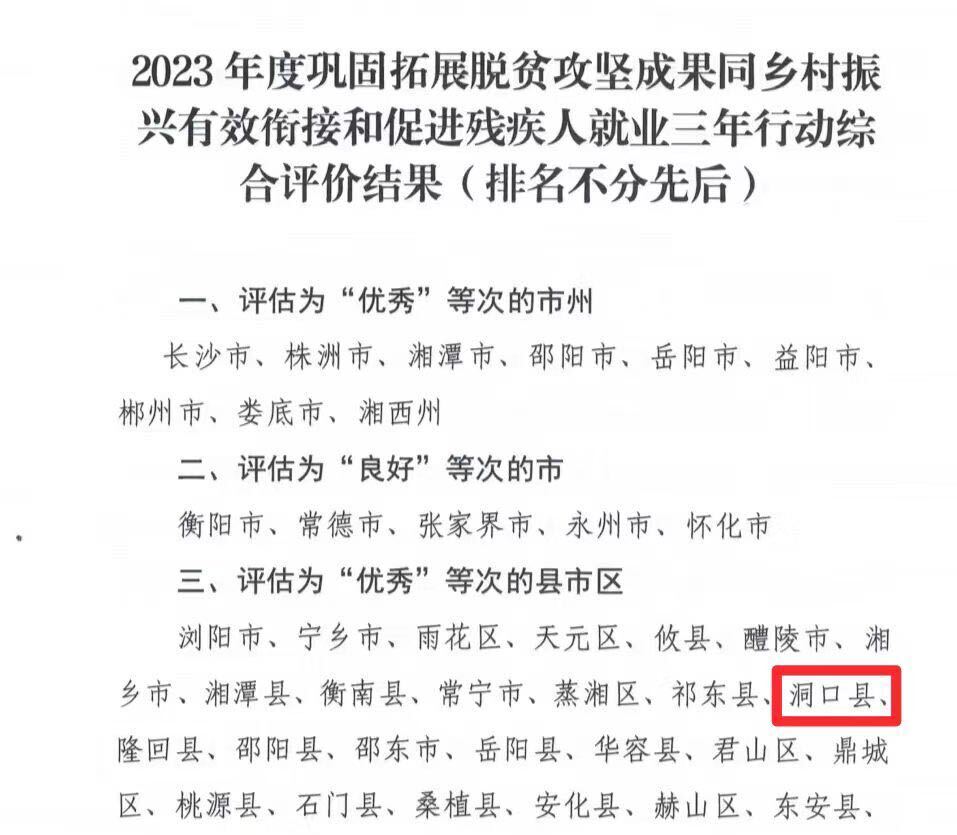洞口县荣获“全省巩固拓展脱贫攻坚成果同乡村振兴有效衔接和促进残疾人就业三年行动综合评价优秀县”