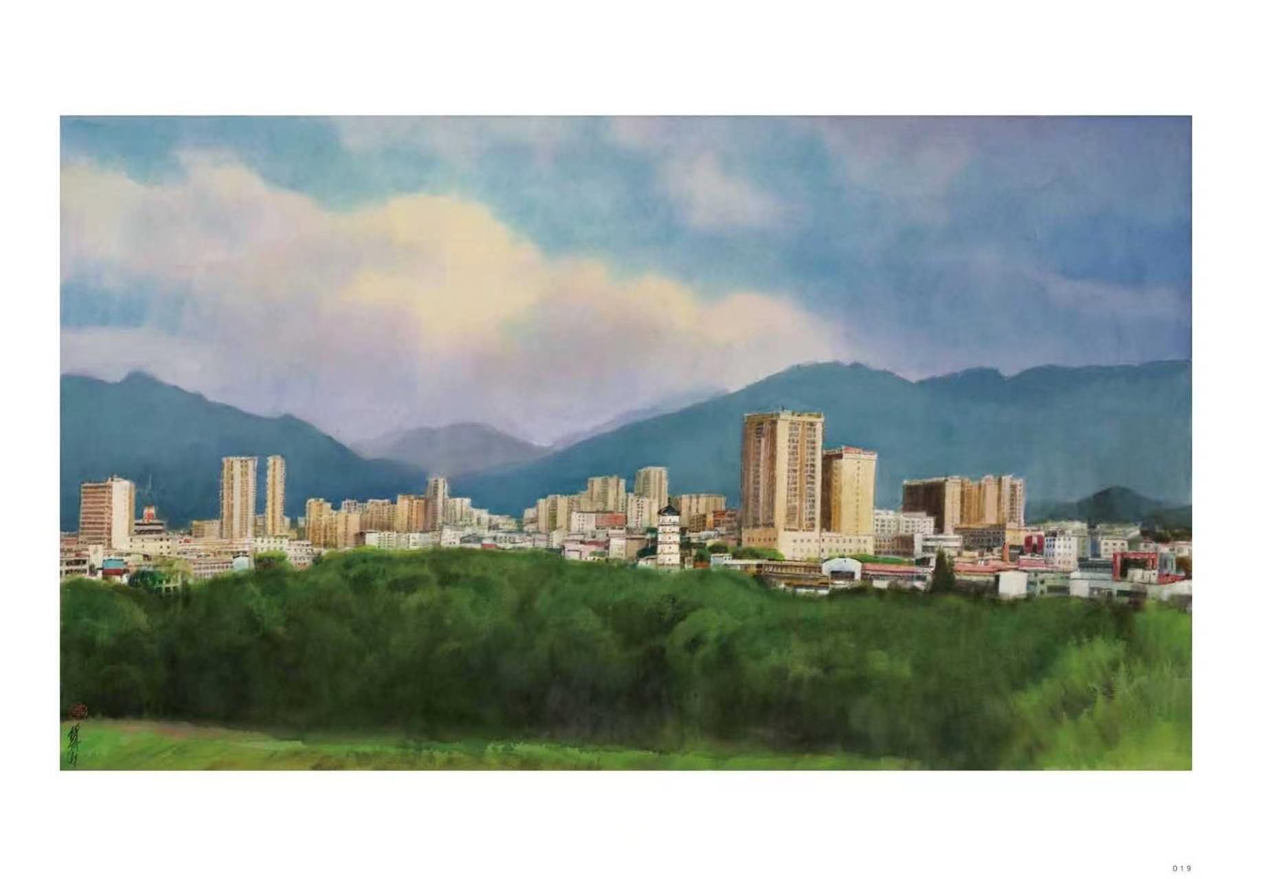 水彩画中的美丽洞口——黄铁山《绿洲山城》水彩画绘就洞口生态人文之美